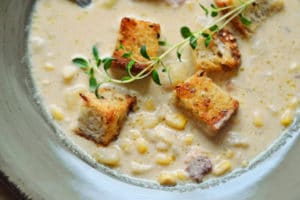 Corn Chowder with Smokey Bacon and Thyme Scented Croutons