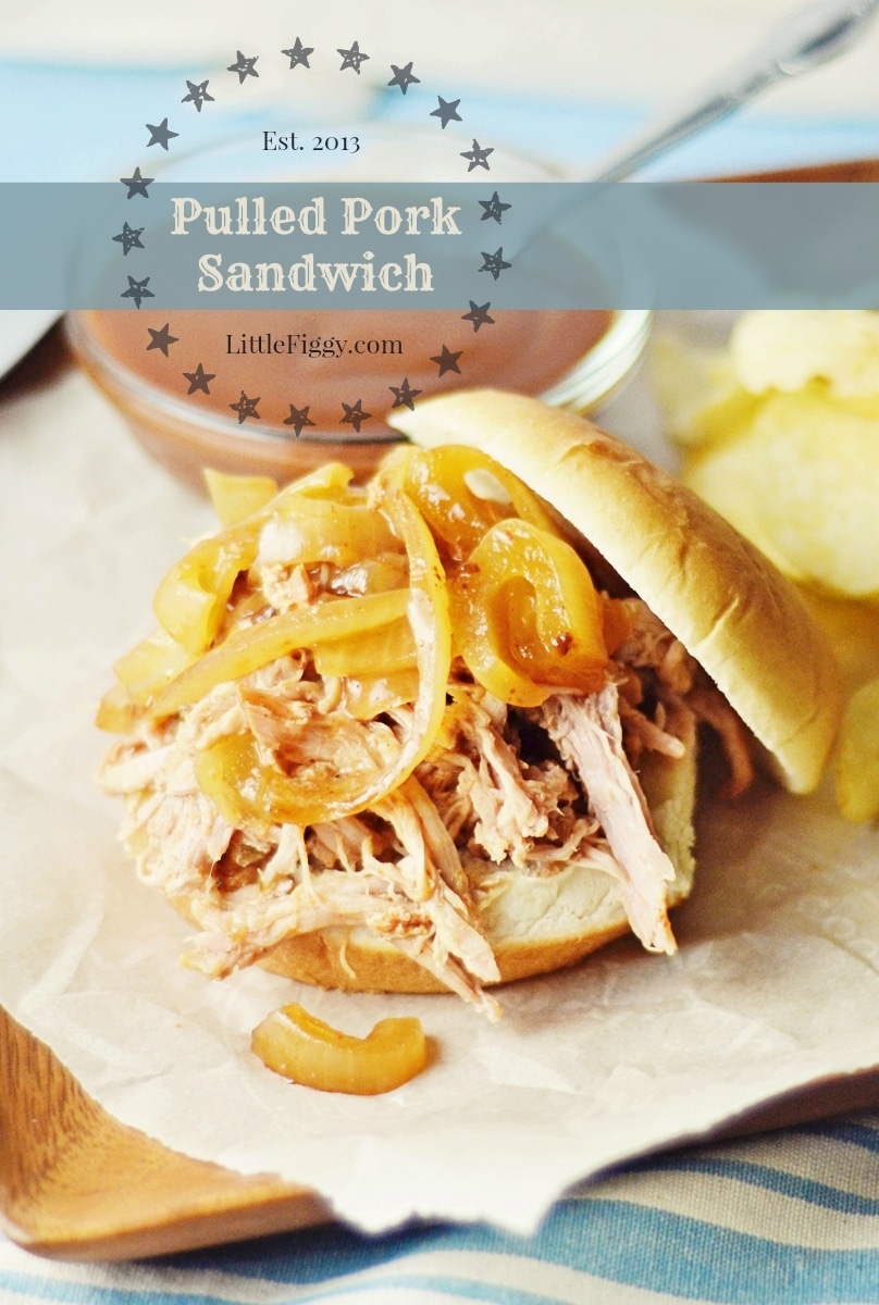 Try this slow cooker Pulled Pork Sandwich that is perfect piled up and finished off with caramelized onions. Recipe found @LittleFiggyFood