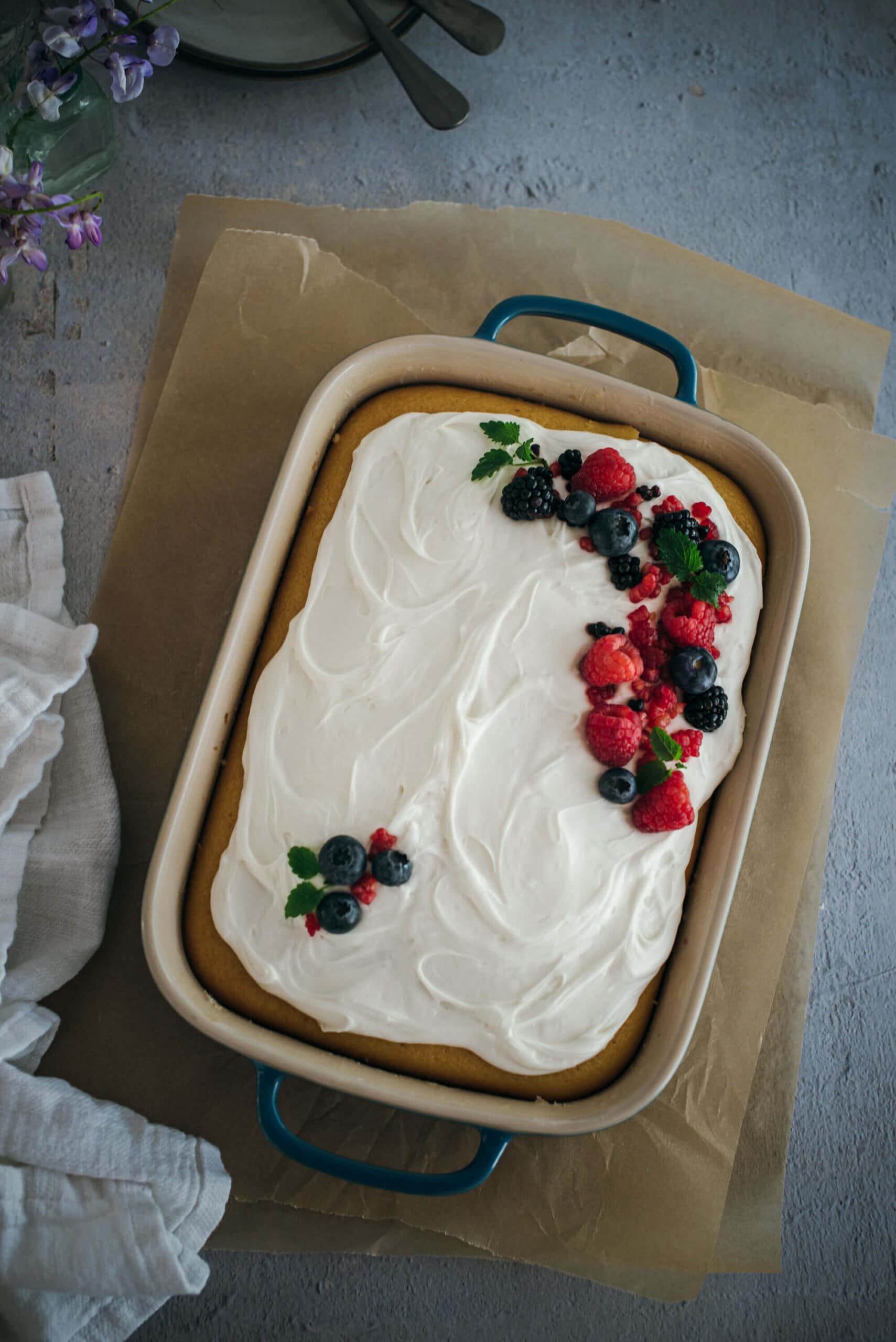 Tres leches cake sheet cake with berries