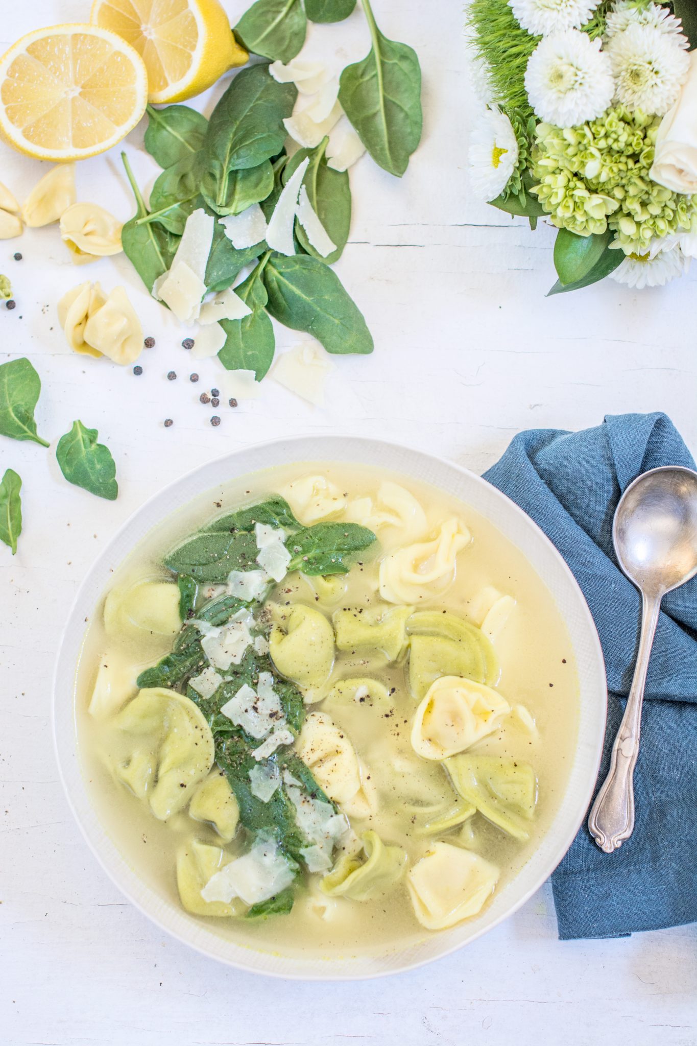 Tortellini Soup with spinach and a hint of lemon. Get the recipe at Little Figgy Food.