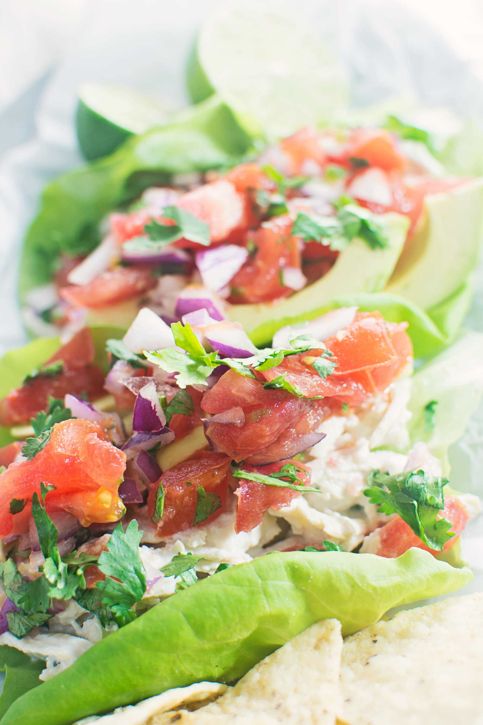 Mexican Chicken Salad with homemade Pico de Gallo served over lettuce.