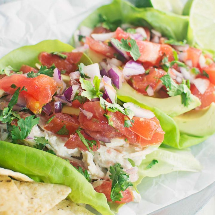Mexican Chicken Salad with homemade Pico de Gallo served over lettuce.
