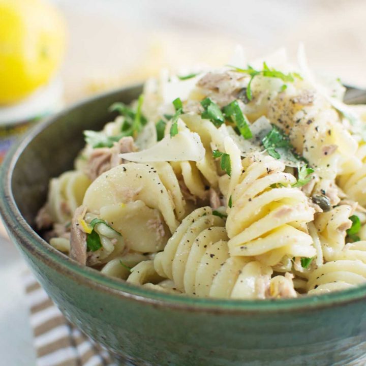 Quick to make and served cold, Tuna with a Lemon Pepper Cream Sauce served over your favorite pasta! Find the #recipe @LittleFiggyFood