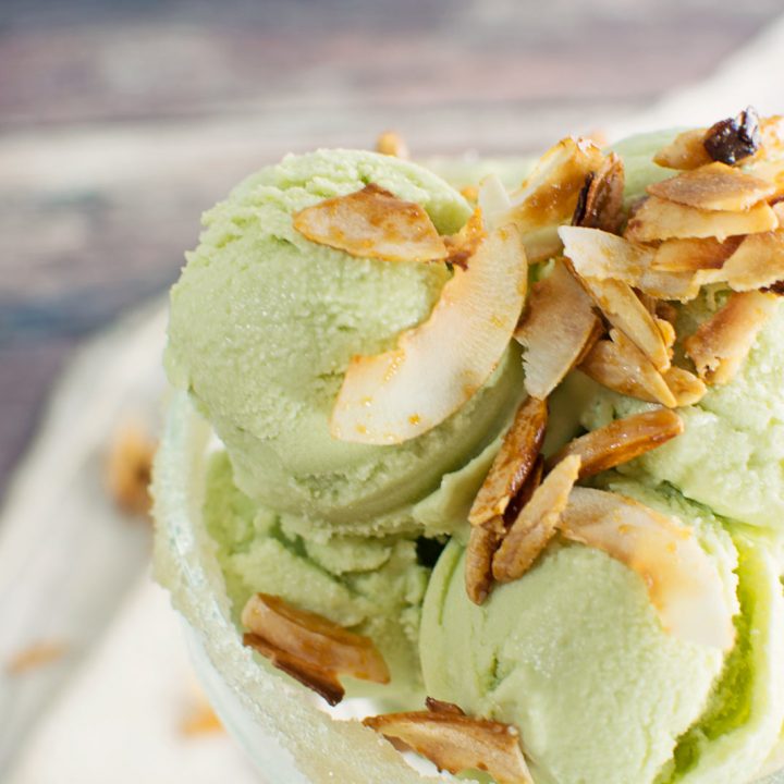 This Avocado Ice Cream has been upgraded with the addition of coconut milk and coconut almond brittle! - Recipe @LittleFiggyFood