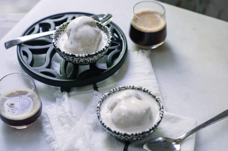 White table with small bowls of affogato and espresso