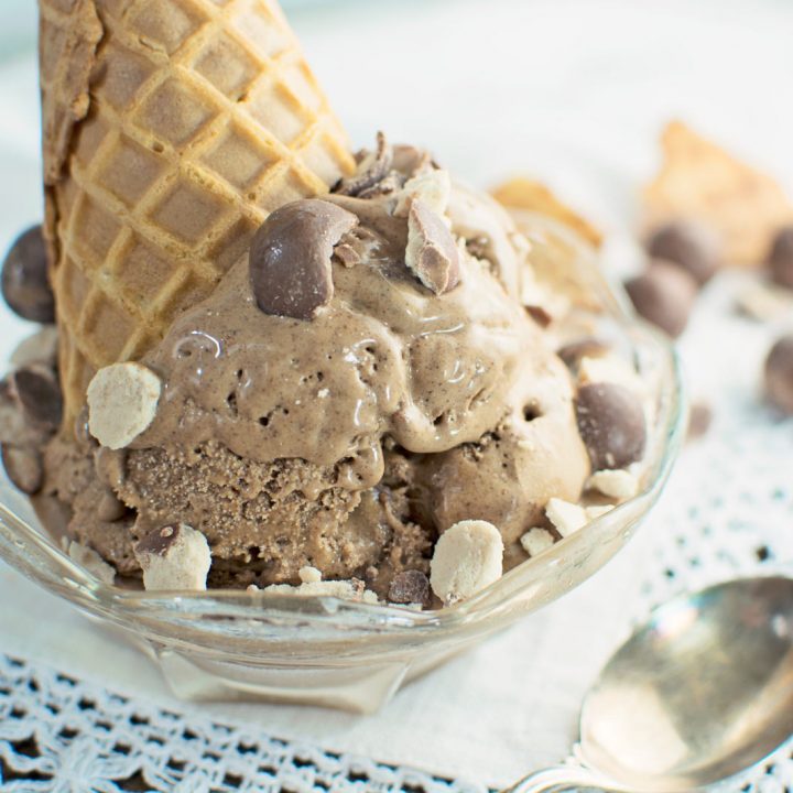 Upside down waffle ice cream cone filled with Chocolate Malt Ice Cream.