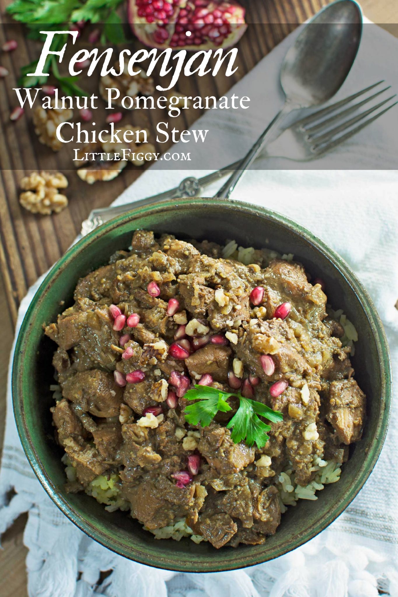 Fensenjan, an Iranian Walnut Pomegranate Chicken Stew, perfect served with flat bread or your favorite rice. Using only the best #walnuts, @California Walnuts - Recipe at @LittleFiggyFood # CG #ad 