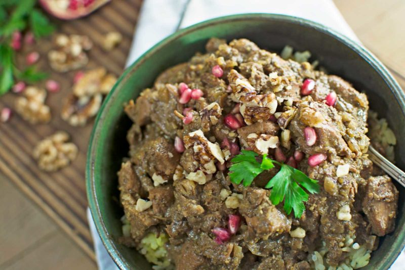 Fensenjan, an Iranian Walnut Pomegranate Chicken Stew, perfect served with flat bread or your favorite rice. Recipe at @LittleFiggyFood