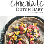 Enjoy a decadent breakfast or dessert with this Chocolate Dutch Baby served with fresh fruit and drizzles of warmed maple syrup and toasted walnuts! Get the recipe at LittleFiggyFood.