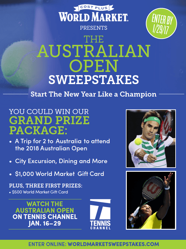 Australian Open Sweepstakes from Cost Plus World Marketer