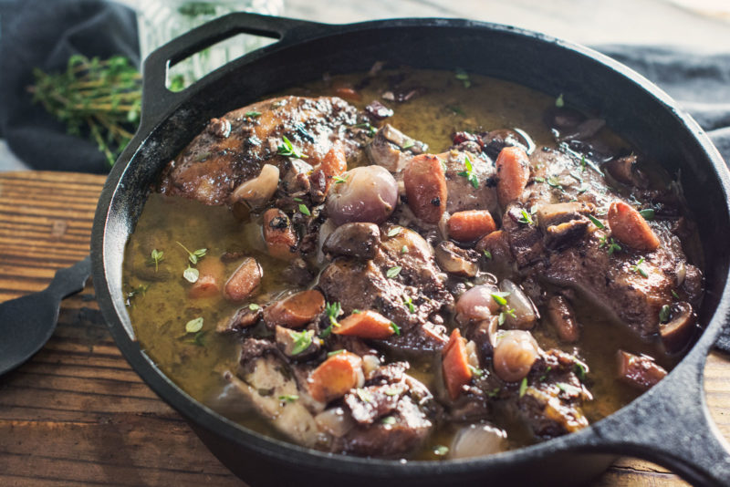 Enjoy this warming Coq au Vin, a French Chicken stew with an incredible red wine soup base! Recipe @LittleFiggyFood
