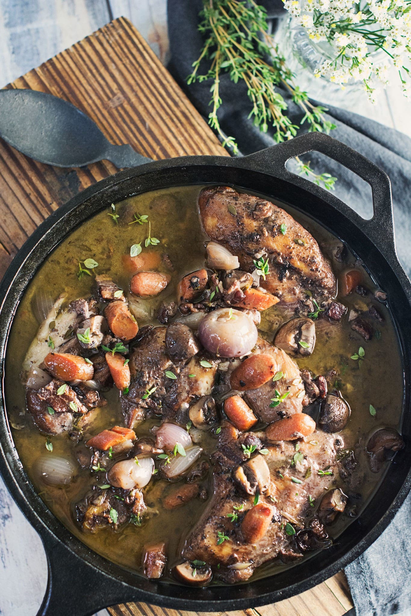 Enjoy this warming Coq au Vin, a French Chicken stew with an incredible red wine soup base! Recipe @LittleFiggyFood