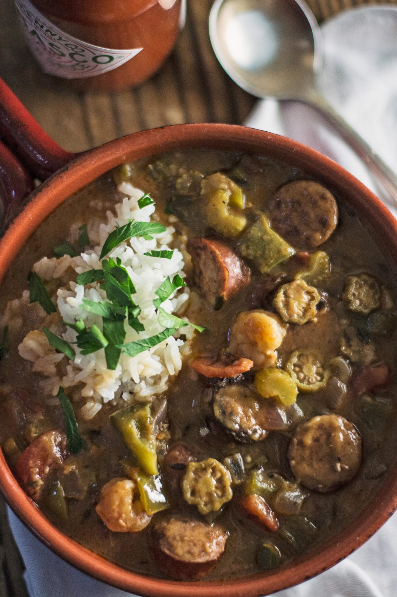 Try this smokey flavored New Orleans classic, Sausage & Shrimp Gumbo! Recipe @LittleFiggyFood