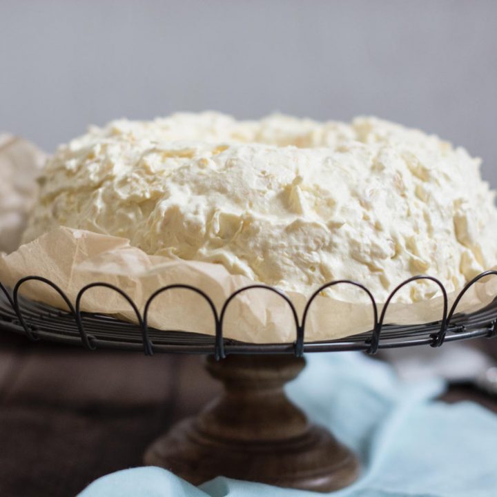 Pea Pickers Cake, a.k.a. known as Cool Whip Cake, a childhood favorite that's easy to make and full of mandarin oranges and crushed pineapple! Recipe at Little Figgy Food