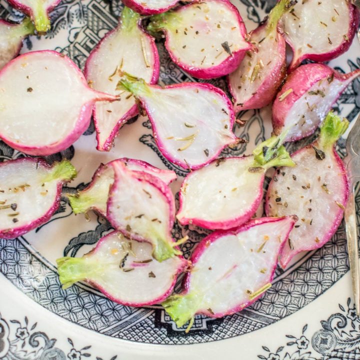 Love these Roasted Radishes, delicately seasoned and quick and easy to make. Get the recipe at Little Figgy Food.