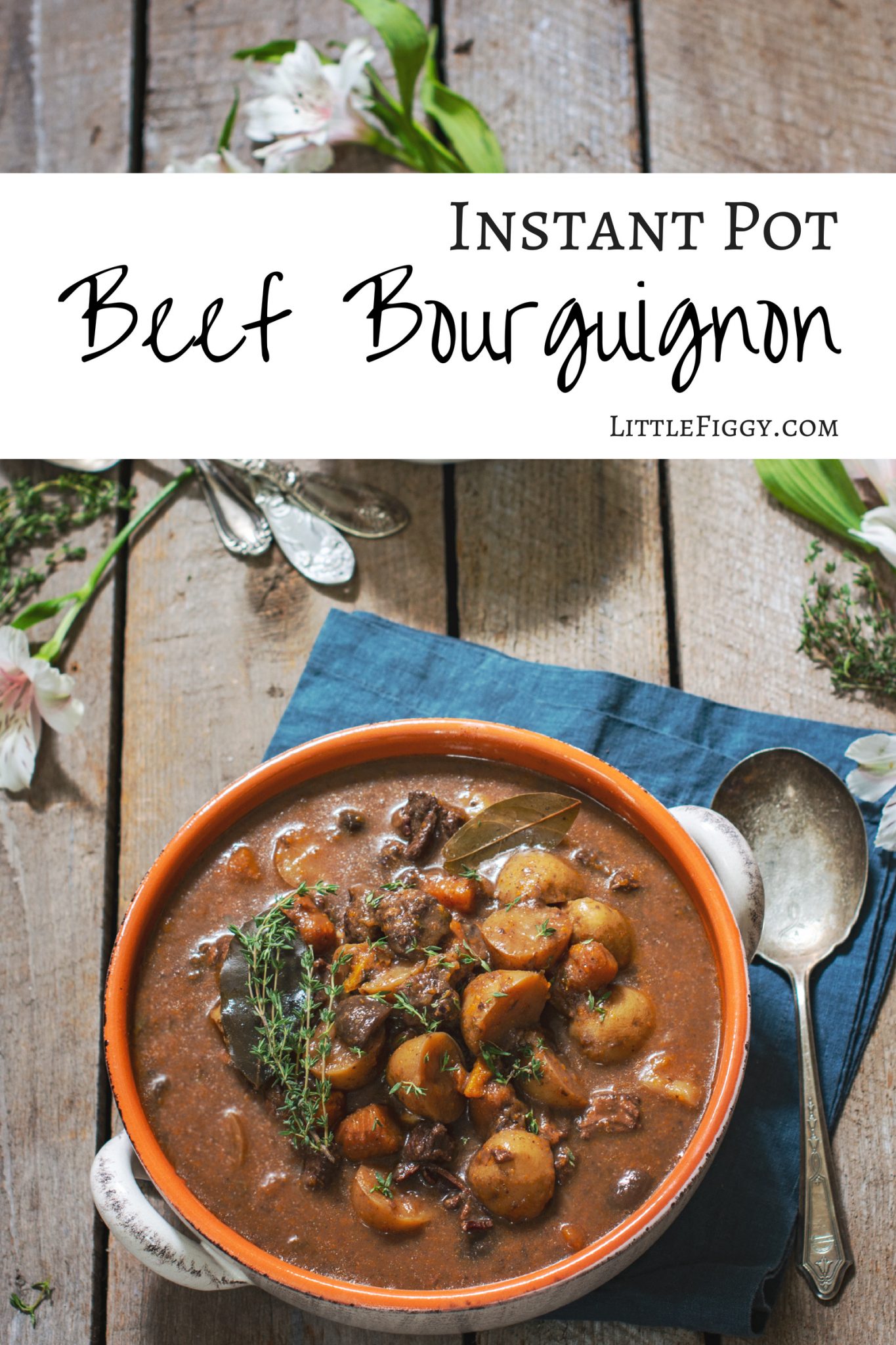 Instant Pot Beef Bourguignon in bowl on wood table with spoon