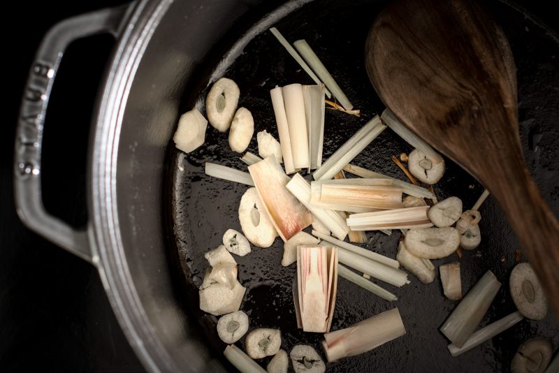 Garlic Lemongrass and ginger being sauteed in a Staub round cocotte