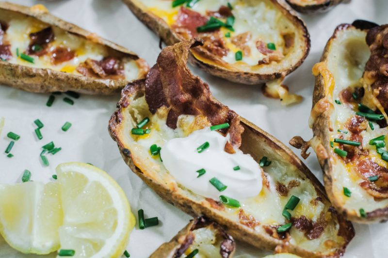 Potato Skins recipe with bacon, chives, cheese and sour cream