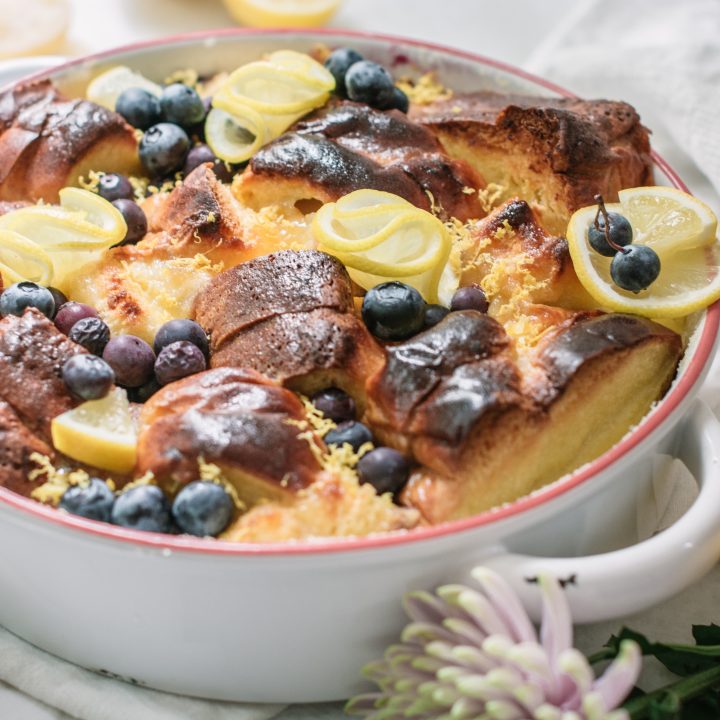 Brioche Bread Pudding with Lemon Curd and Blueberries