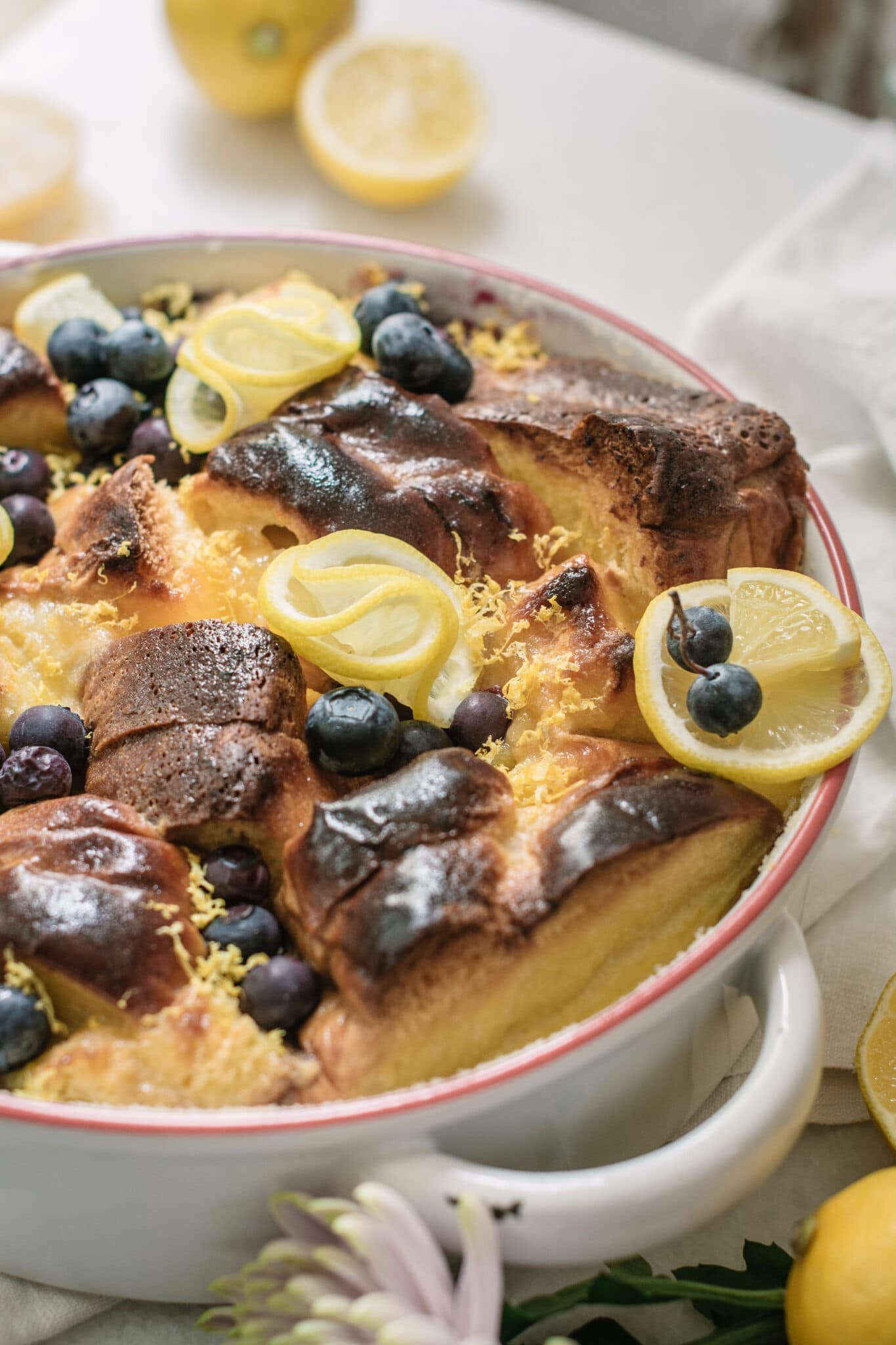 Brioche Bread Pudding recipe with blueberries and lemon curd
