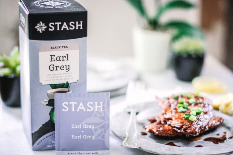 Box of Stash Earl Grey Teabags with Salmon on silver plate