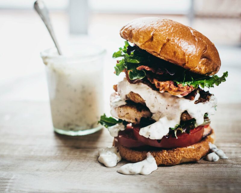 BLT recipe with easy caper remoulade sauce and salmon burger