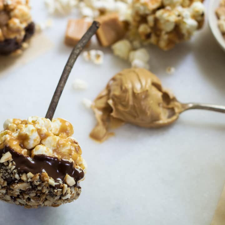 Chewy caramel chocolate peanut butter popcorn candies