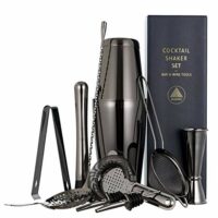 11-piece Black Cocktail Shaker Bar Set: 2 Weighted Boston Shakers, Cocktail Strainer Set, Double Jigger, Cocktail Muddler and Spoon, Ice Tong and 2 Liquor Pourers