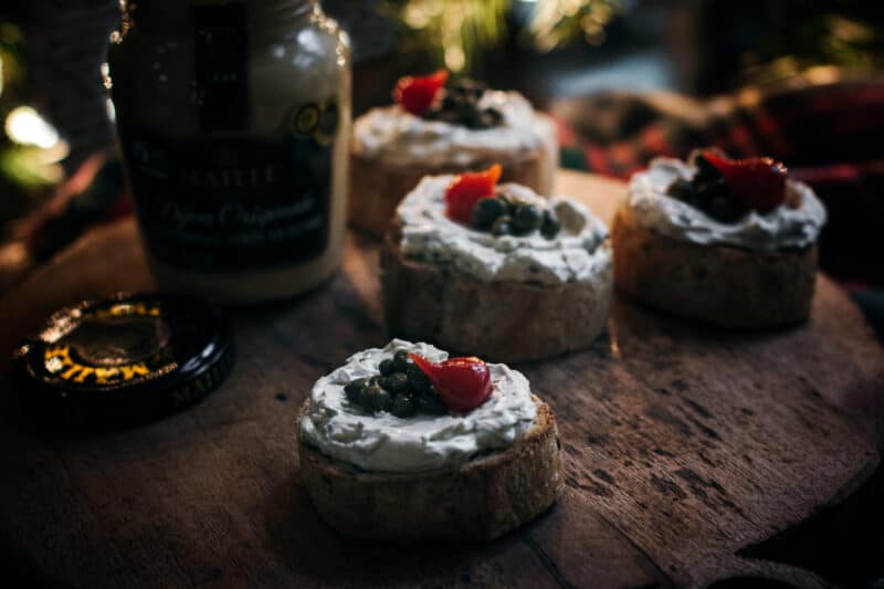 Capers with cream cheese and dijon mustard spread
