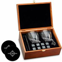 Whiskey Stones and Whiskey Glass Gift Boxed Set - 8 Granite Chilling Whisky Rocks + 2 Glasses in Wooden Box - Great Gift for Father's Day, Dad's Birthday or Anytime For Dad (+ 2 Free Coasters)