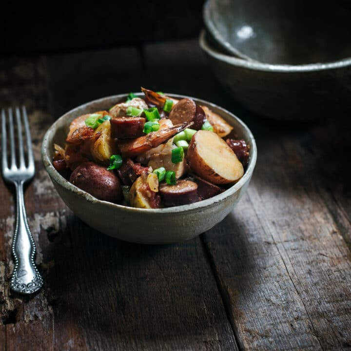 Cajun recipe with chicken, sausage, and potatoes