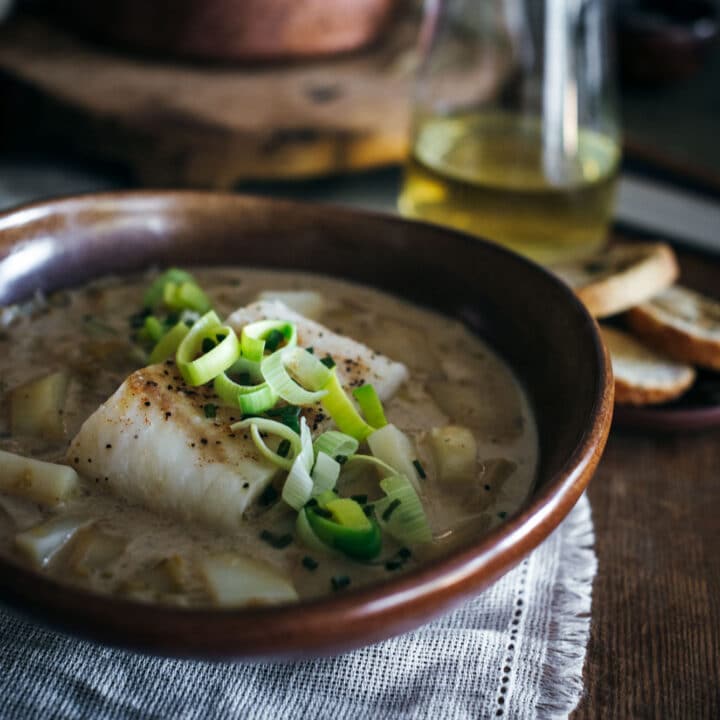 Leek and potato soup with cod