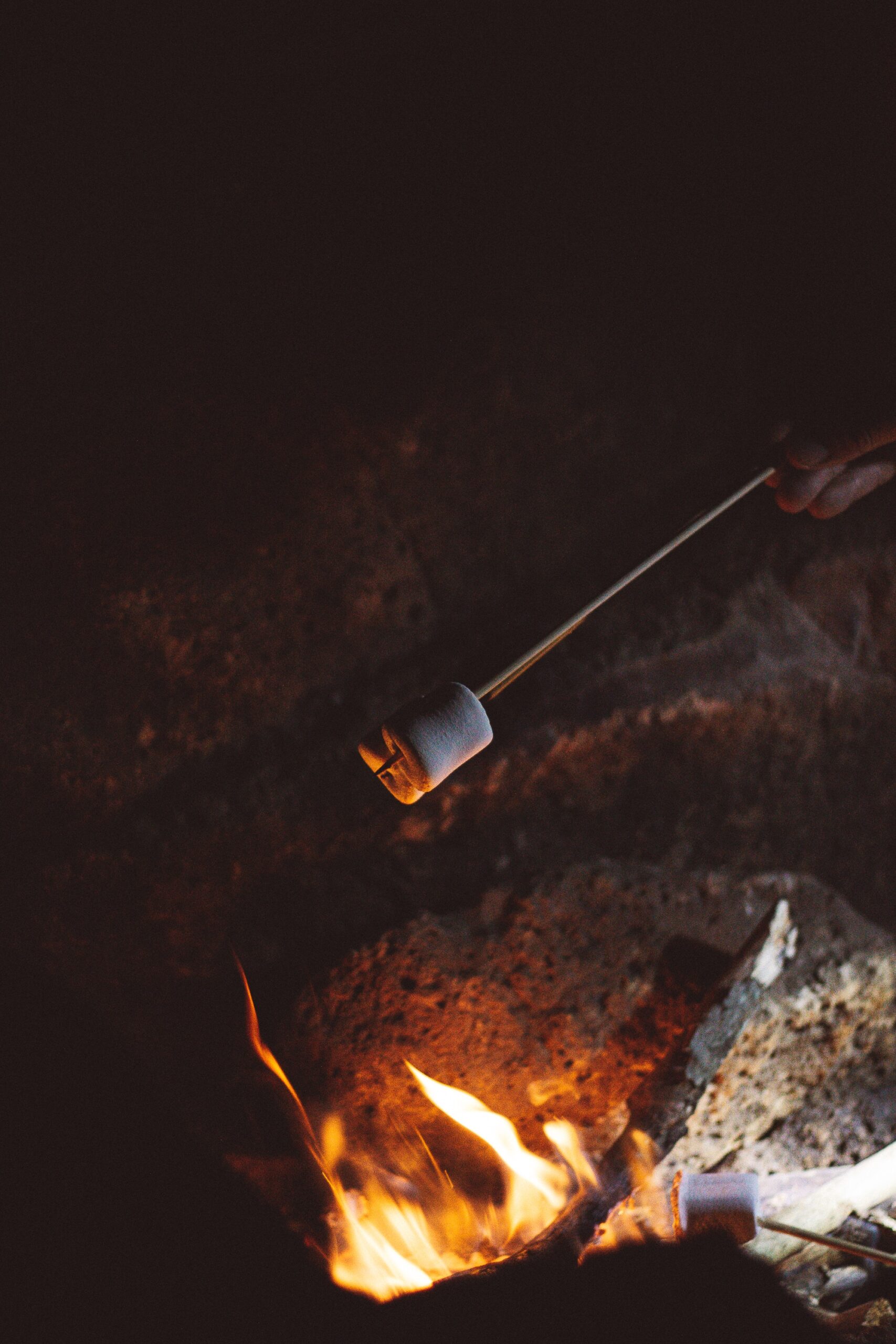Roasting marshmallows over fire, tasty bonfire foods.